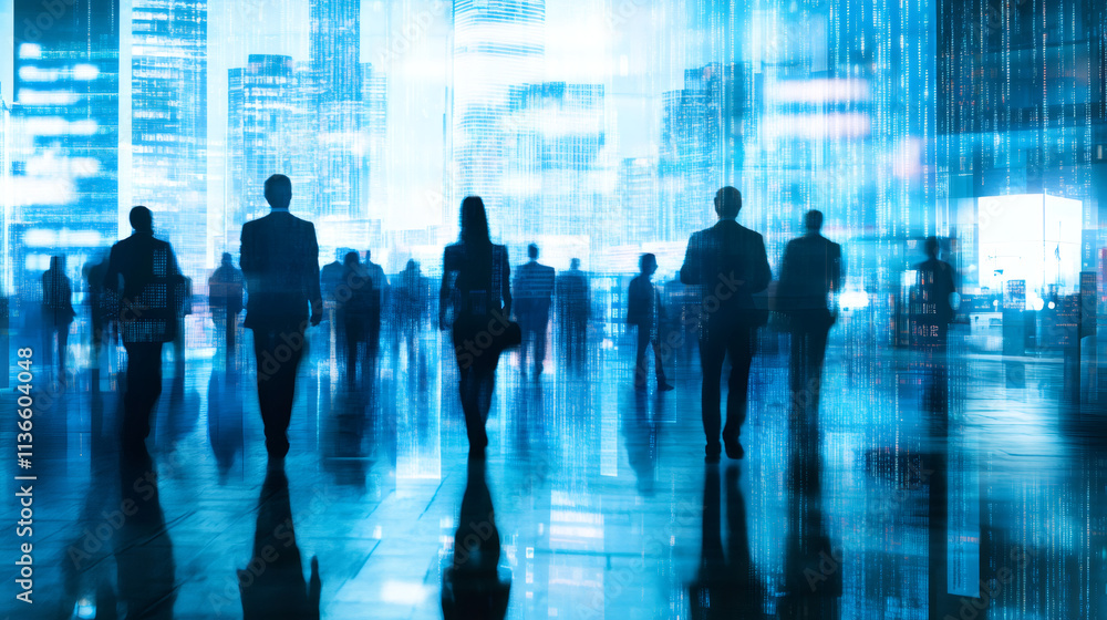 Aufkleber businesspeople stroll through a hi-tech city with a data stream overlay, symbolizing the fusion of t