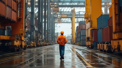 worker walking through container port on rainy day