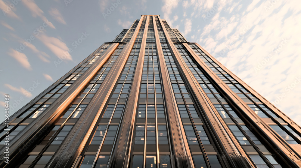 Aufkleber Ambitious architectural progress captured in a low angle view of a modern skyscraper with a reflecting glass facade