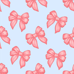 Hand drawn pattern with pink bows on a light blue background, perfect for decorating crafts