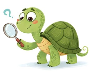 Fototapeta premium A curious cartoon turtle holding a magnifying glass with a questioning expression, illustrated in a playful and colorful style. Perfect for children's books, educational materials, or creative project