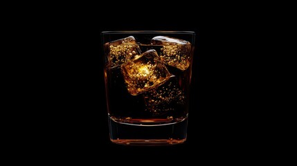 Whiskey on the rocks in a rocks glass against a black background.