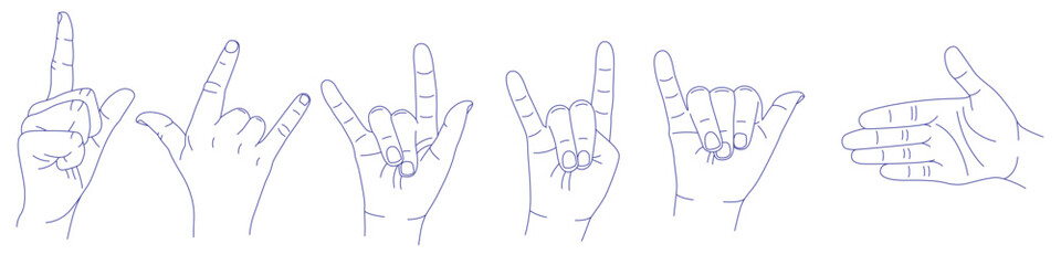 Set of hand gestures in various positions. Contour vector illustration. Index, middle, ring, little fingers and thumb