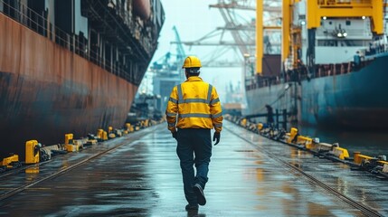 Fototapeta premium dockworker walking between cargo ships