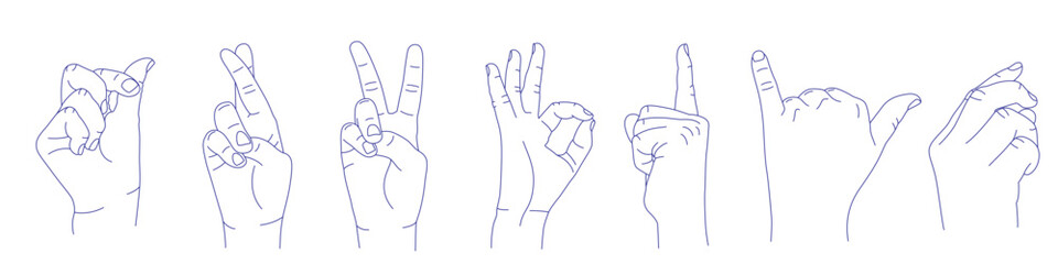 Set of hand gestures in various positions. Contour vector sketch illustration. Index, middle, ring, little fingers and thumb