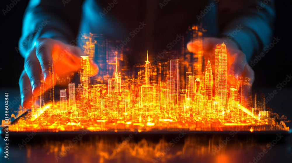 Poster architect interacts with a futuristic, glowing smart city hologram projected from a digital tablet, 