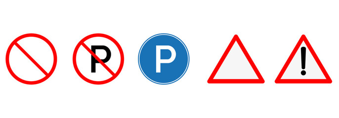 Various traffic signs including no parking and warnings.