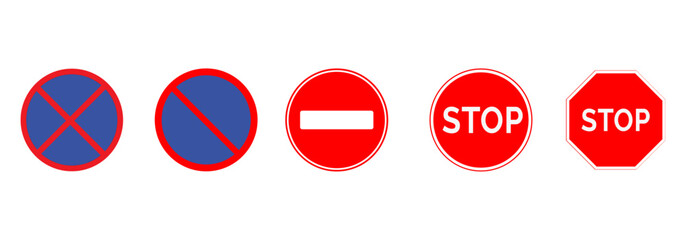 Red and blue traffic signs indicating prohibitions and stops.