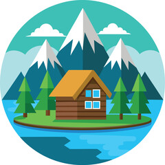 Vector illustration white background Cartoon woods cabin by the river with mountains