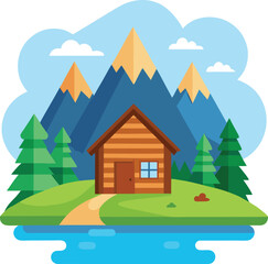 Vector illustration white background Cartoon woods cabin by the river with mountains