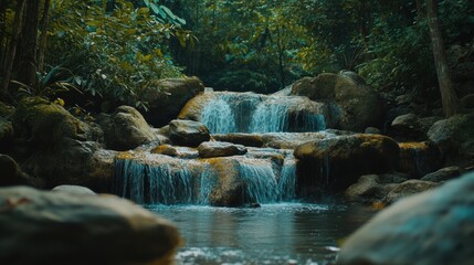 A waterfall is flowing into a small body of water. Generative AI