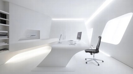 modern white office design with minimalist desk and chair