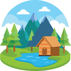 Vector illustration white background Cartoon woods cabin by the river with mountains