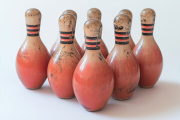 Selective focus white bowling pin isolated on white background, Close up shot stack of bowling pin on white, Wooden bowling pin.