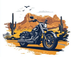 A motorcycle on Superstition Mountains background in Arizona, in the style of a vintage screen print. Biker-themed shirt prints