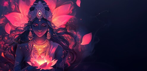 Goddess laxmi with lotus flowers petal. Copy space, free space for text