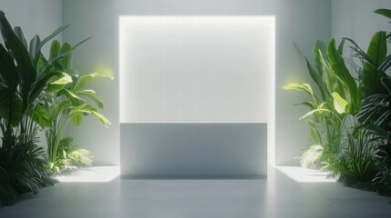 minimalist modern interior with greenery and bright backlit wall