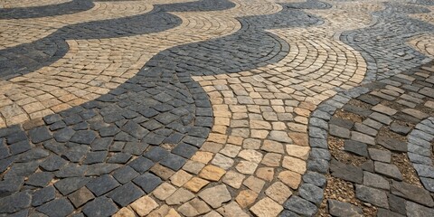 A close-up of a cobblestone path with a unique pattern of curved lines, showcasing the textured surface of each stone and its contrasting colors