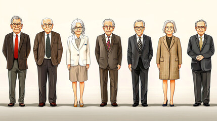 Seven elderly people in formal attire.