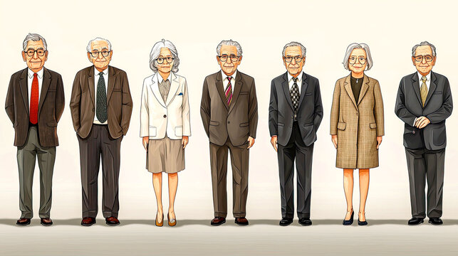 Seven elderly people in formal attire.