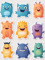 set of funny monsters, on a white background, watercolour illustration, cartoon character animal, idea for print t-shirt, poster and kids envelope, postcard. Hand drawn style