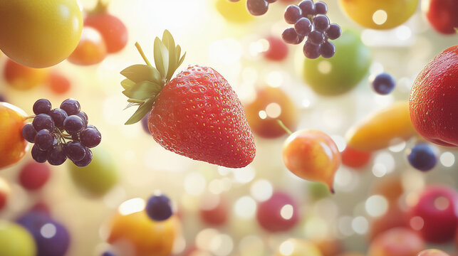 a bunch of various fruits floating through the air, bokeh, playful colorful vibe