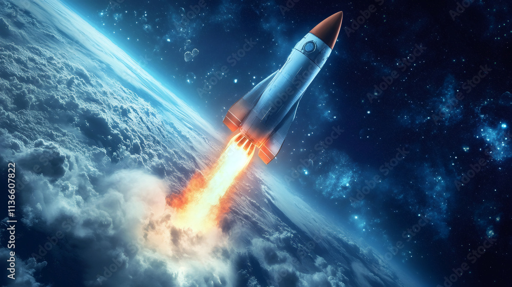 Poster spaceship launching from earth and flying to stars, showing interstellar travel and space exploratio