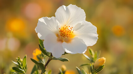 Obraz premium Close-Up of a Blossoming Gum Rockrose in Alentejo's Heath Fields: Macro Flower Photography Showcase