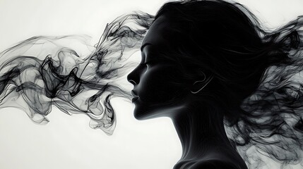 Fototapeta premium Ethereal woman breathing smoke abstract art studio profile view
