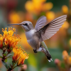 Obraz premium Graceful hummingbird in mid-flight, hovering near a vivid flower in bloom.