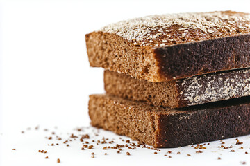 Selective focus crispy crust loaf of bread isolated on white background, Whole wheat bread with burning skin, Fresh baked pastry with sliced on white, Whole grain bread.