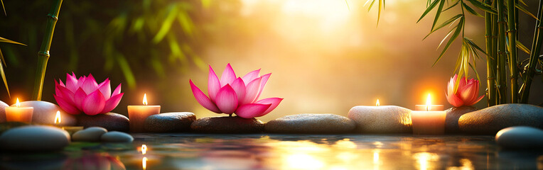 Tranquil lotus blossoms floating gracefully on serene water with flickering candles at dawn