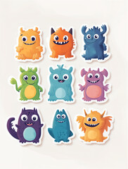 Obraz premium set of funny monsters, on a white background, watercolour illustration, cartoon character animal, idea for print t-shirt, poster and kids envelope, postcard. Hand drawn style