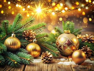 Radiant Christmas Background Featuring Golden Ornaments and Pine Decorations for Festive Holiday Themes and Celebrations