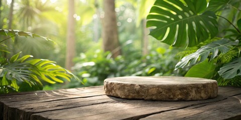 A rustic wooden tabletop with a circular stone platform set against a blurred backdrop of lush green foliage in a tranquil forest setting.