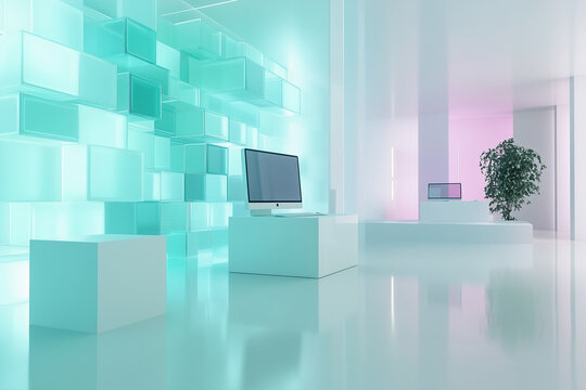 Isometric glassmorphism IT, web Agency, webscrapers, ai, white, green, blue, light colors, purple