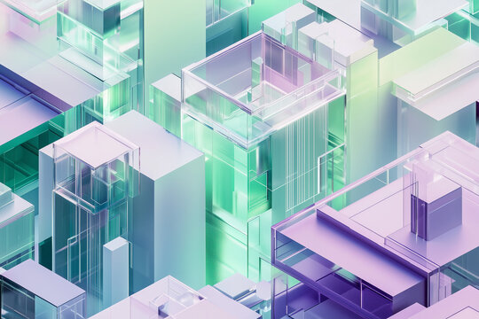Isometric glassmorphism IT, web Agency, webscrapers, ai, white, green, blue, light colors, purple