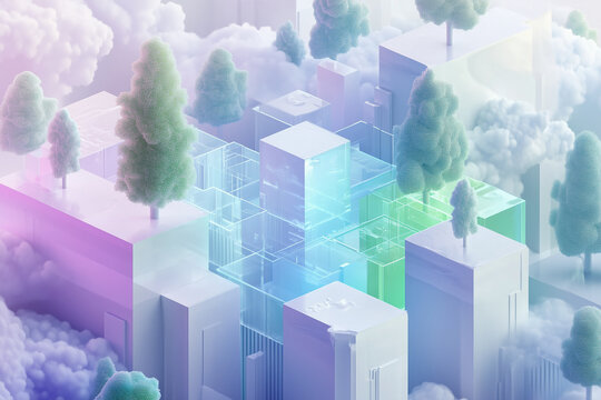Isometric glassmorphism IT, web Agency, webscrapers, ai, white, green, blue, light colors, purple