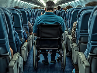 A man in a wheelchair positioned in the aisle of an airplane cabin. The scene highlights accessibility and inclusivity in modern air travel, emphasizing comfort and support for passengers with