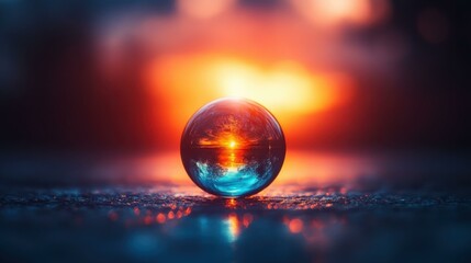 Sunset Globe. Glass sphere reflection sunset beach ocean horizon color