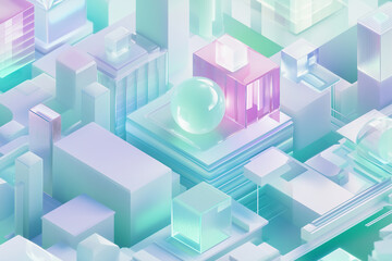 Fototapeta premium Isometric glassmorphism IT, web Agency, webscrapers, ai, white, green, blue, light colors, purple