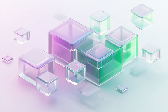 Isometric glassmorphism IT, web Agency, webscrapers, ai, white, green, blue, light colors, purple