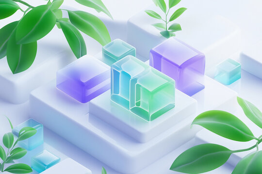 Isometric glassmorphism IT, web Agency, webscrapers, ai, white, green, blue, light colors, purple