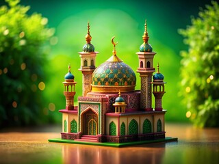 Obraz premium Ramadan Kareem Eid Al Fitr Adha Miniature Mosque Green Background Islamic Celebration Photography