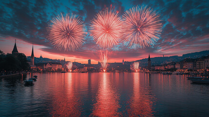 Large fireworks display in Zurich