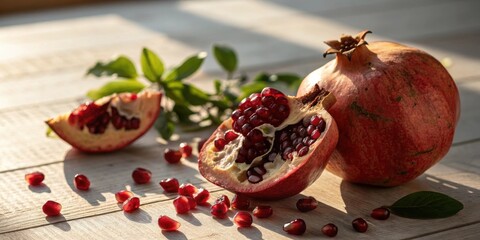 A vibrant pomegranate sliced open, revealing a treasure trove of ruby red seeds, nestled alongside a whole pomegranate, bathed in the warm glow of natural light.