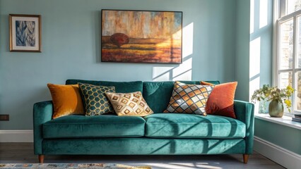 A teal velvet sofa with colorful throw pillows sits in front of a window bathed in sunshine