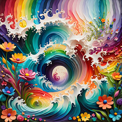 Vivid abstract floral waves with colorful flowers swirling in vibrant patterns, dynamic energy and intricate details