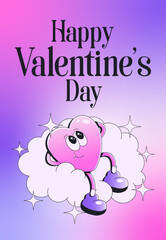 Happy Valentine's Day cute heart character in trendy groove retro cartoon style