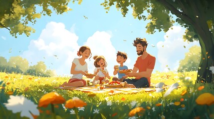 A family having a picnic in a sunny meadow, sharing food and laughter 